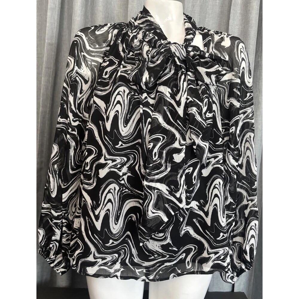 Scoop Tie Neck Blouse Retro Style Sheer Long Sleeve Women’s Size Small (4-6)